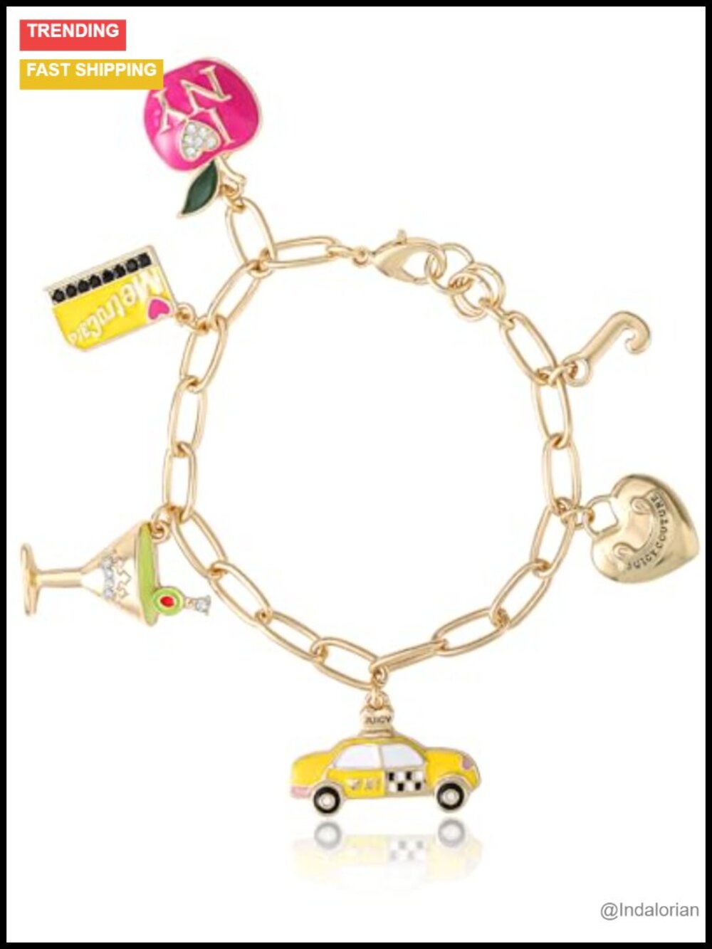Chunky Gold-Tone Charm Bracelet, 7.5 Inch, NYC Theme, Enamel & Rhinestone Charms